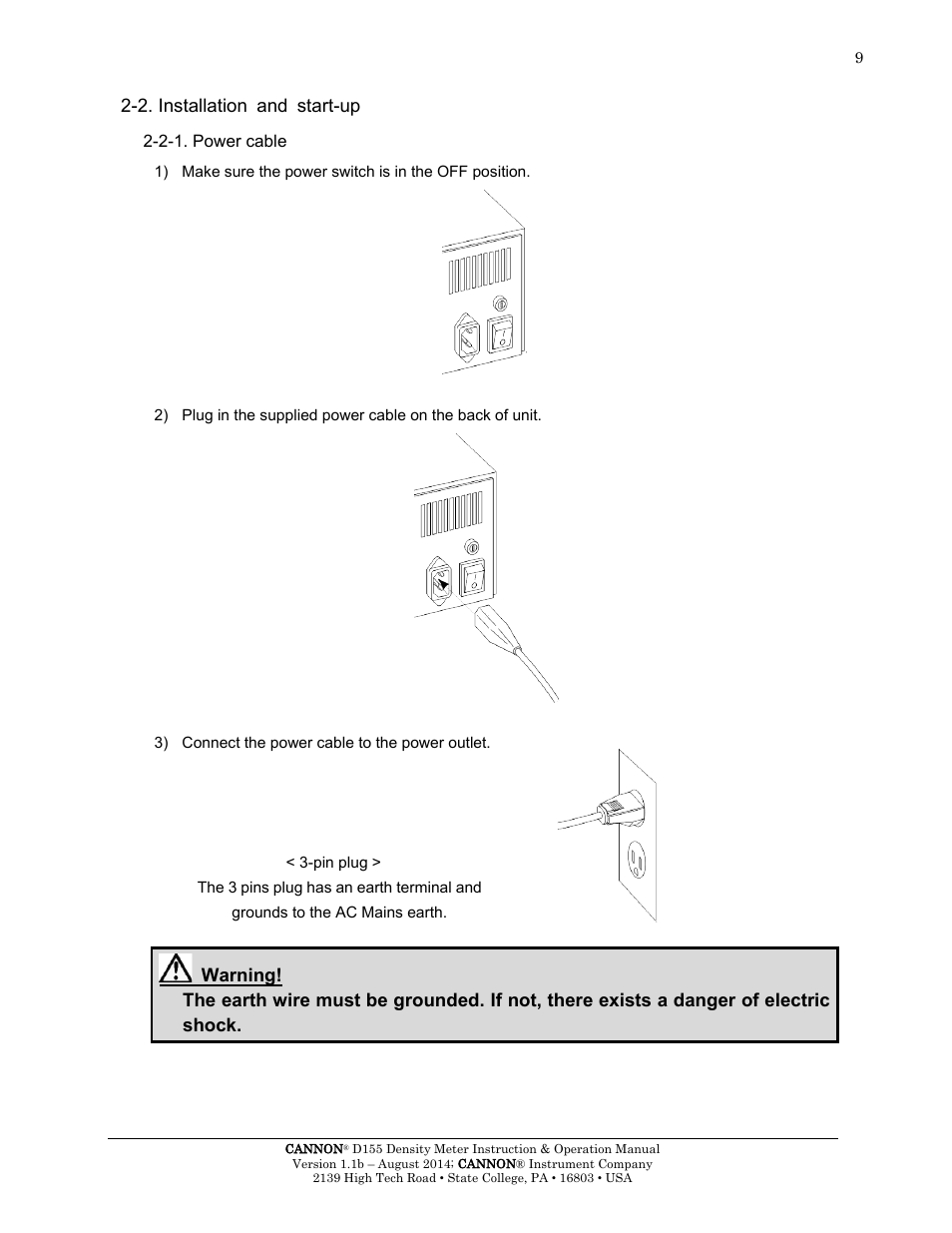 2. installation and start-up, 2-1. power cable | Cannon Instrument D155 Density Meter User Manual | Page 12 / 51