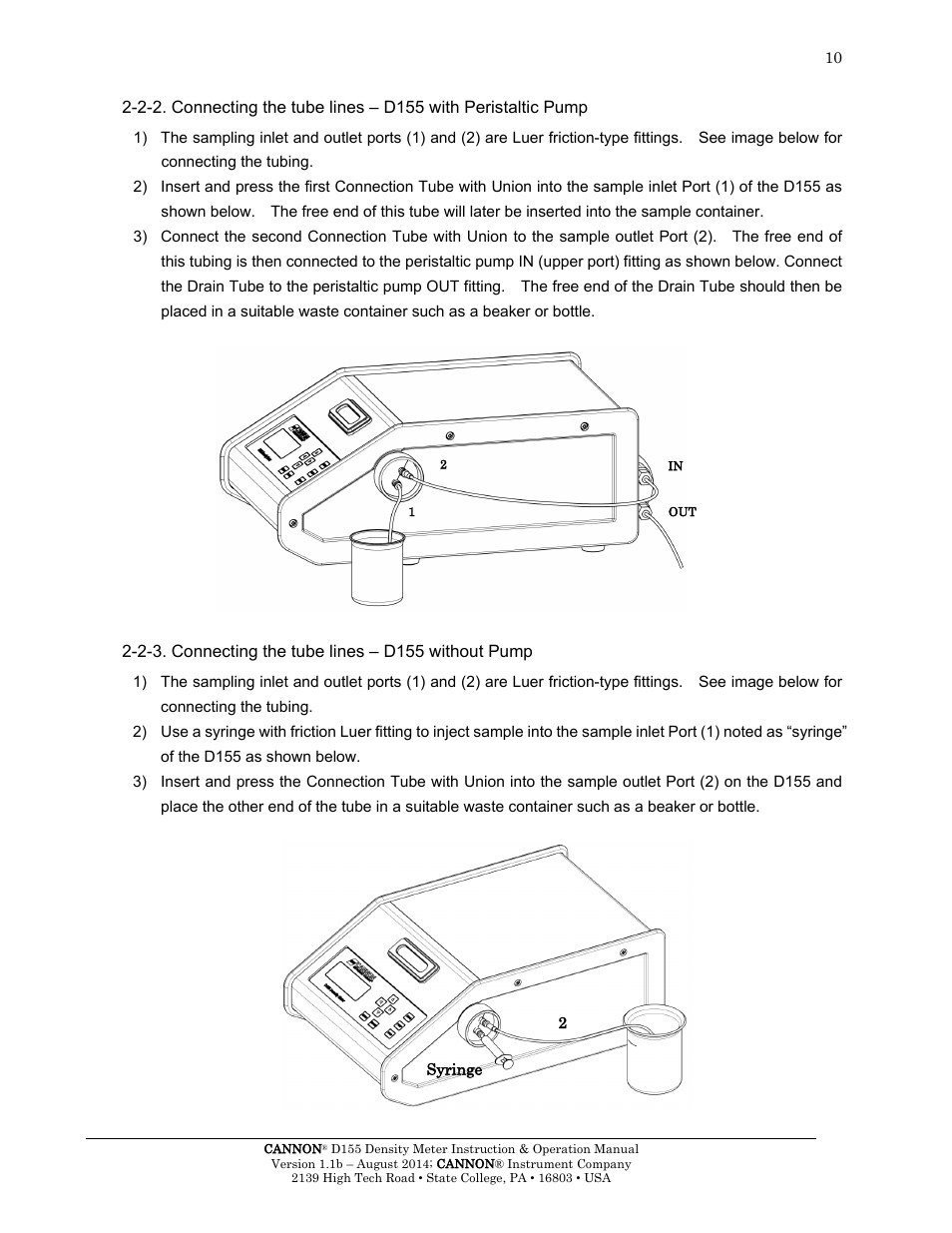 2-3. connecting the tube lines – d155 without pump | Cannon Instrument D155 Density Meter User Manual | Page 13 / 51