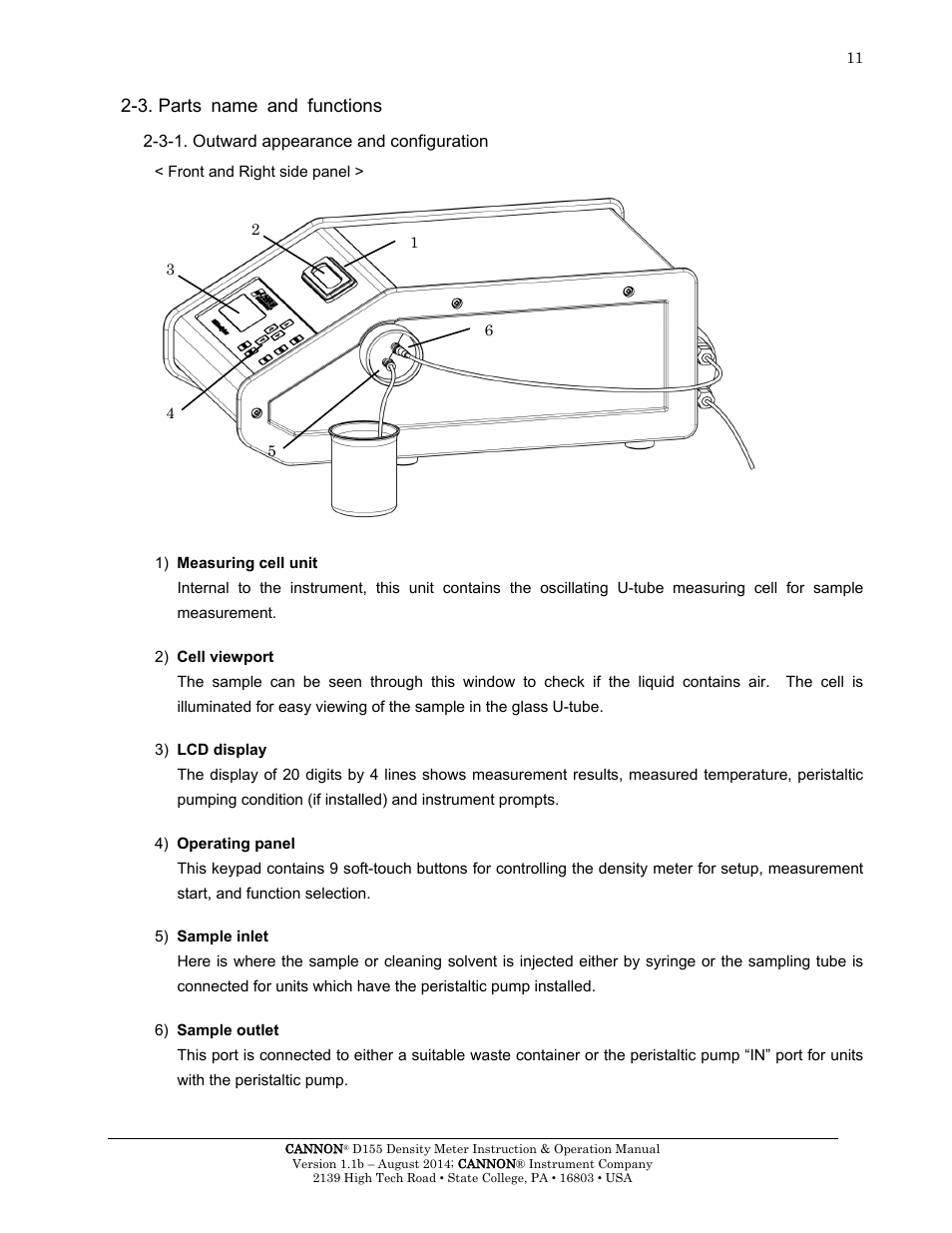 3. parts name and functions, 3-1. outward appearance and configuration | Cannon Instrument D155 Density Meter User Manual | Page 14 / 51