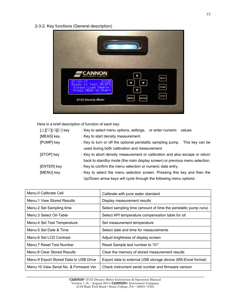 3-2. key functions (general description) | Cannon Instrument D155 Density Meter User Manual | Page 16 / 51
