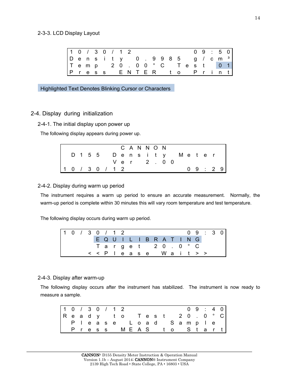 3-3. lcd display layout, 4. display during initialization, 4-1. the initial display upon power up | 4-2. display during warm up period, 4-3. display after warm-up | Cannon Instrument D155 Density Meter User Manual | Page 17 / 51