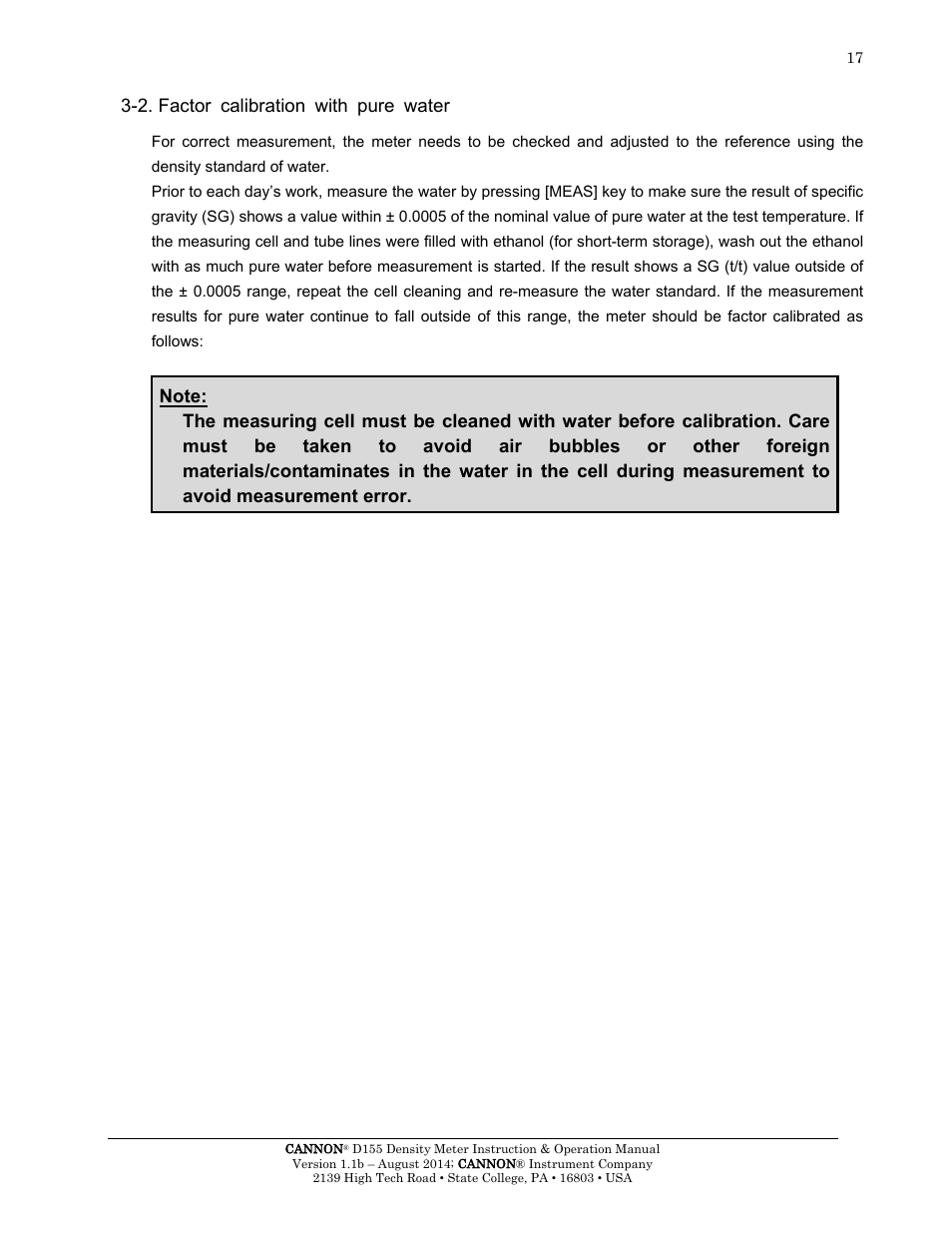 2. factor calibration with pure water | Cannon Instrument D155 Density Meter User Manual | Page 20 / 51