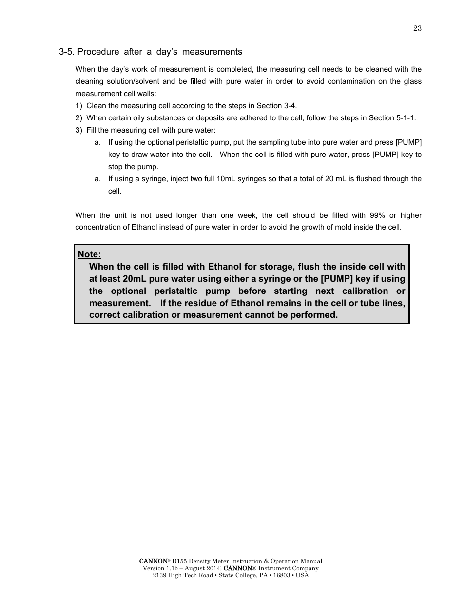 5. procedure after a day’s measurements | Cannon Instrument D155 Density Meter User Manual | Page 26 / 51