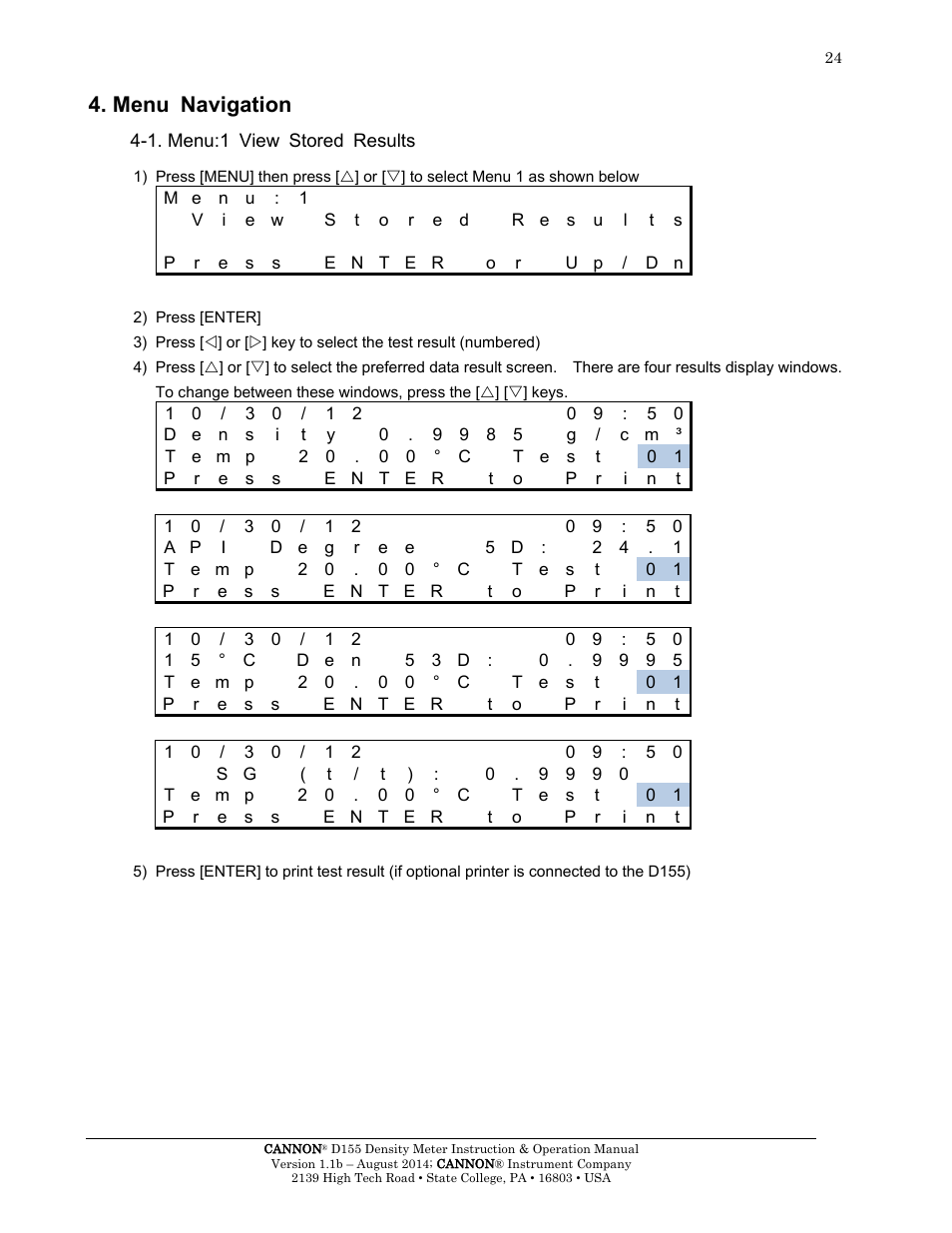 Menu navigation, 1. menu:1 view stored results | Cannon Instrument D155 Density Meter User Manual | Page 27 / 51
