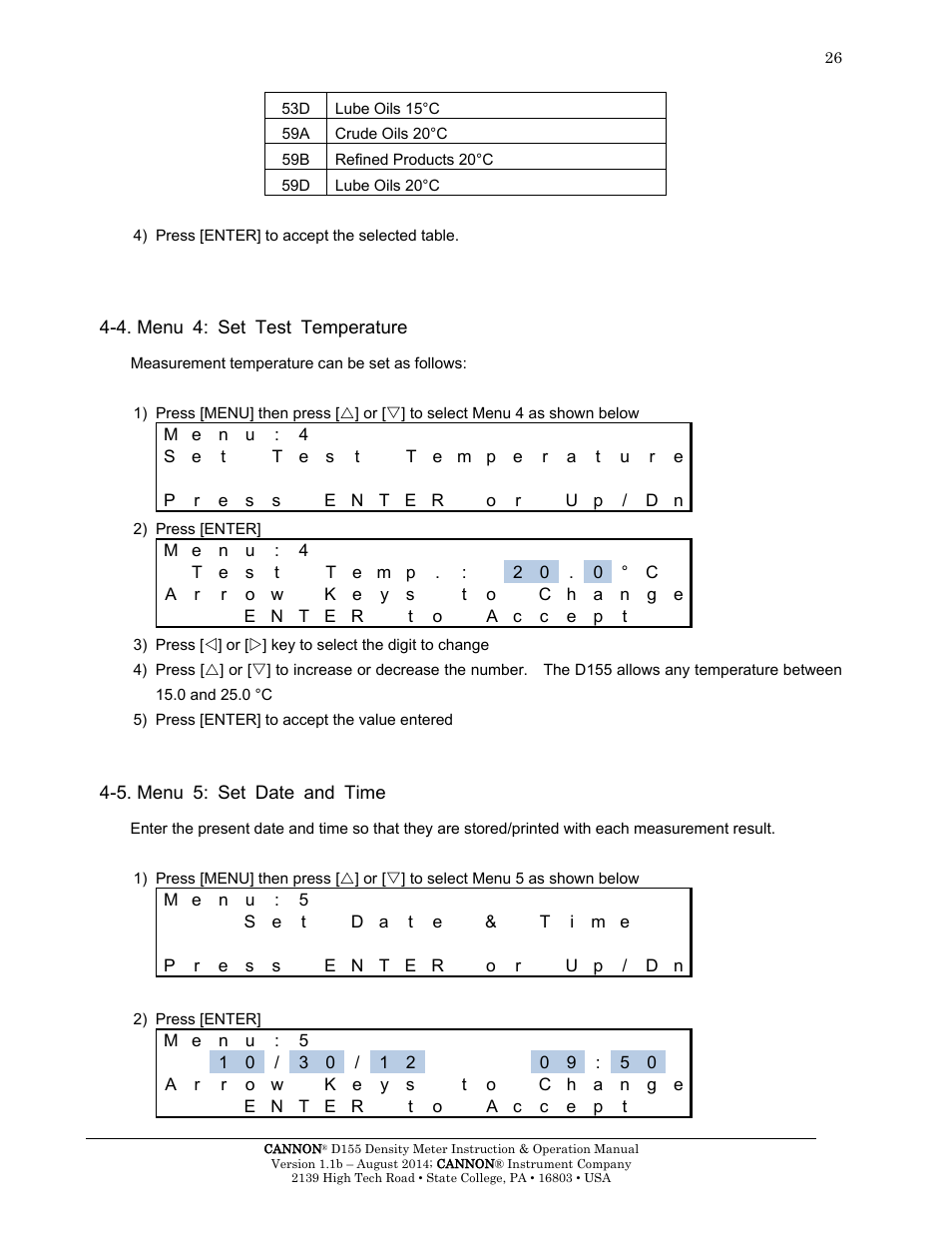 4. menu 4: set test temperature, 5. menu 5: set date and time | Cannon Instrument D155 Density Meter User Manual | Page 29 / 51