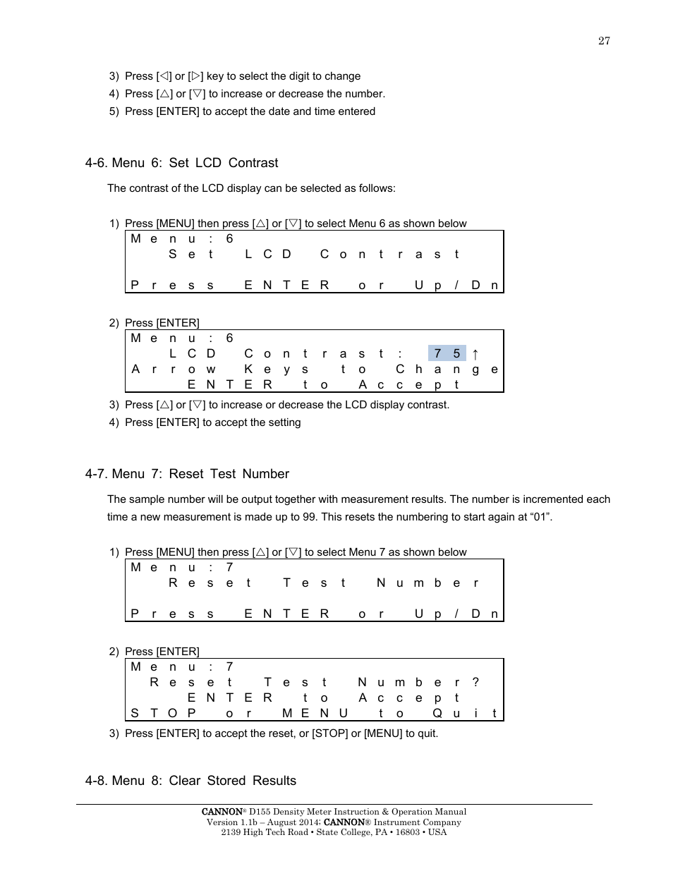6. menu 6: set lcd contrast, 7. menu 7: reset test number, 8. menu 8: clear stored results | Cannon Instrument D155 Density Meter User Manual | Page 30 / 51