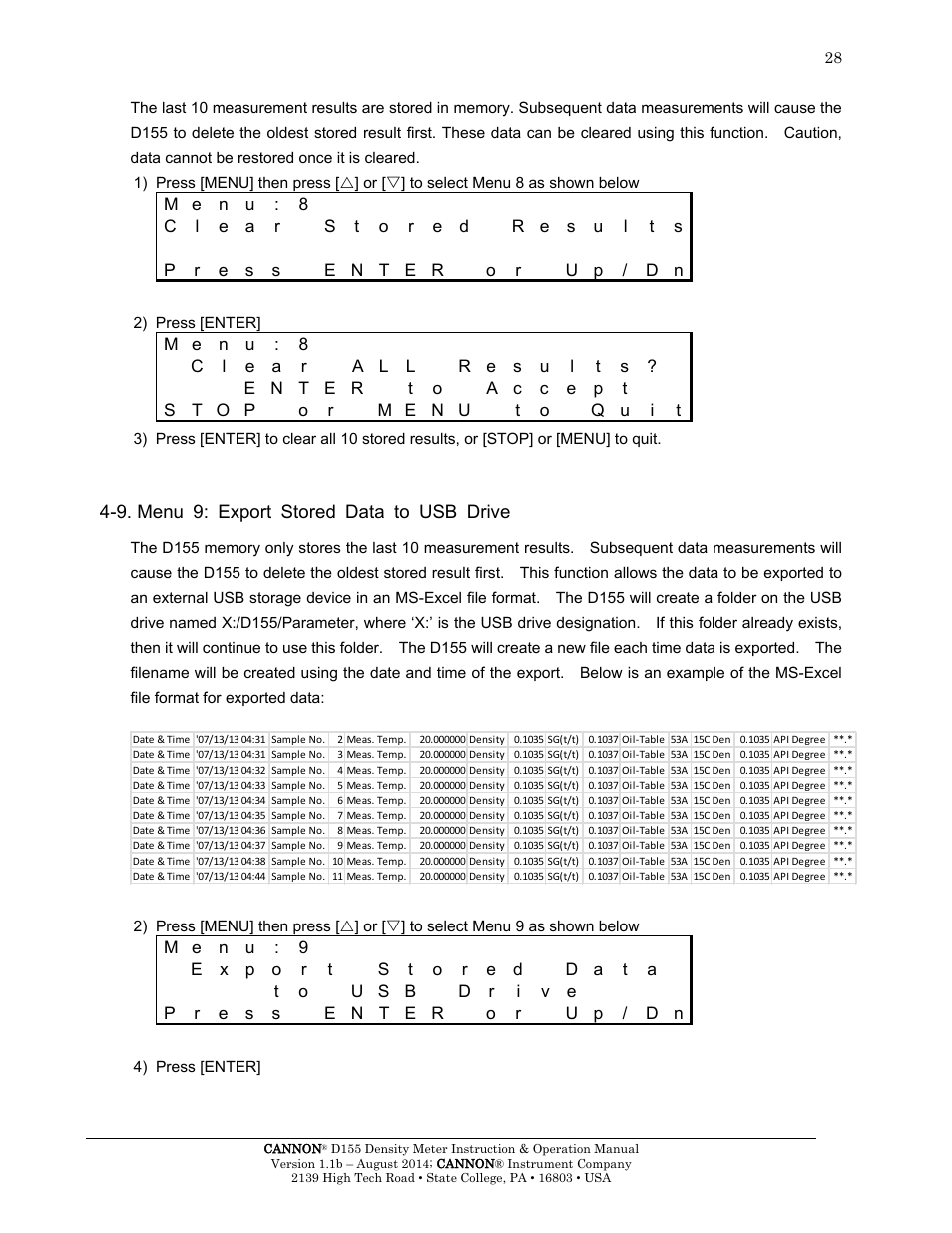 9. menu 9: export stored data to usb drive | Cannon Instrument D155 Density Meter User Manual | Page 31 / 51