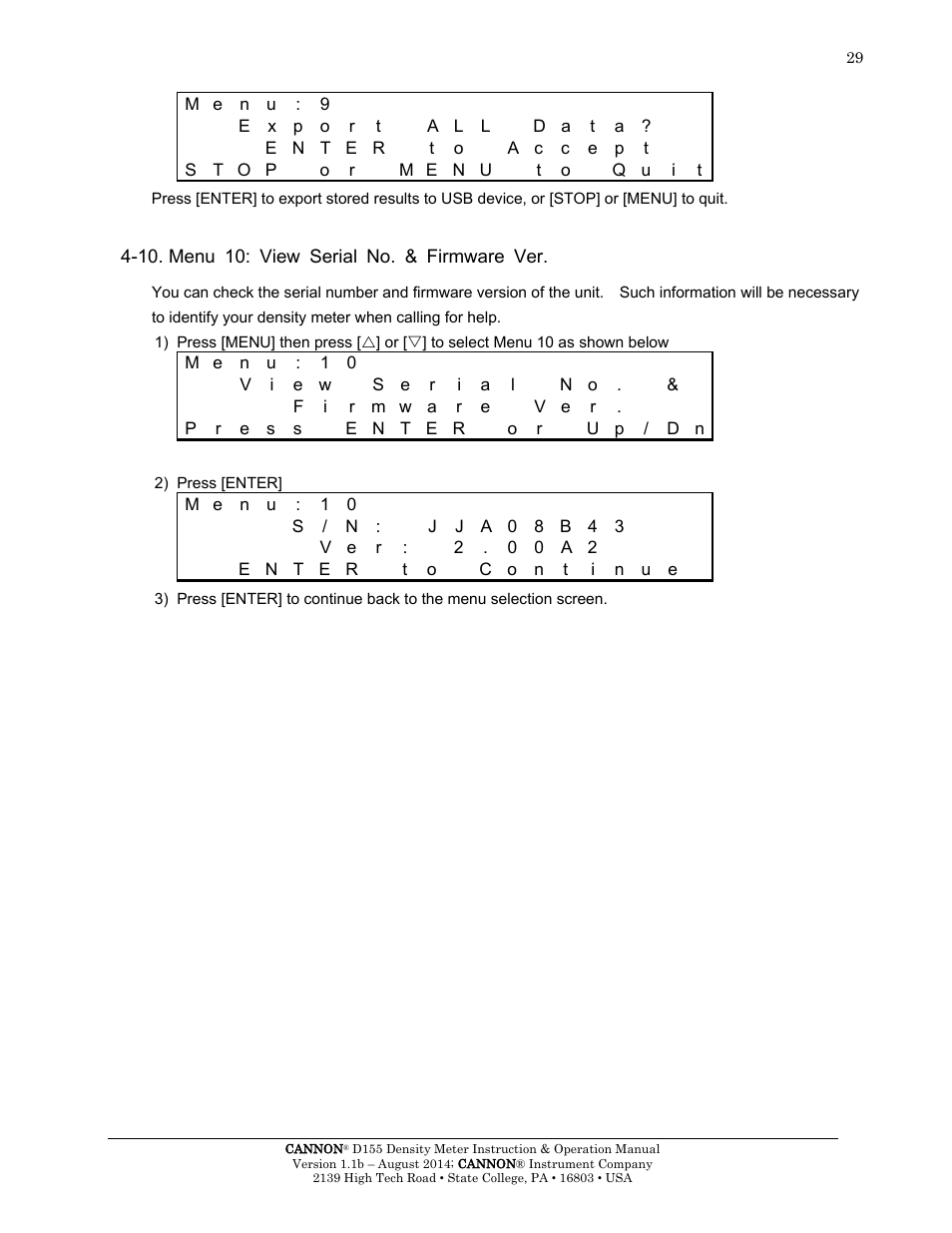 10. menu 10: view serial no. & firmware ver | Cannon Instrument D155 Density Meter User Manual | Page 32 / 51