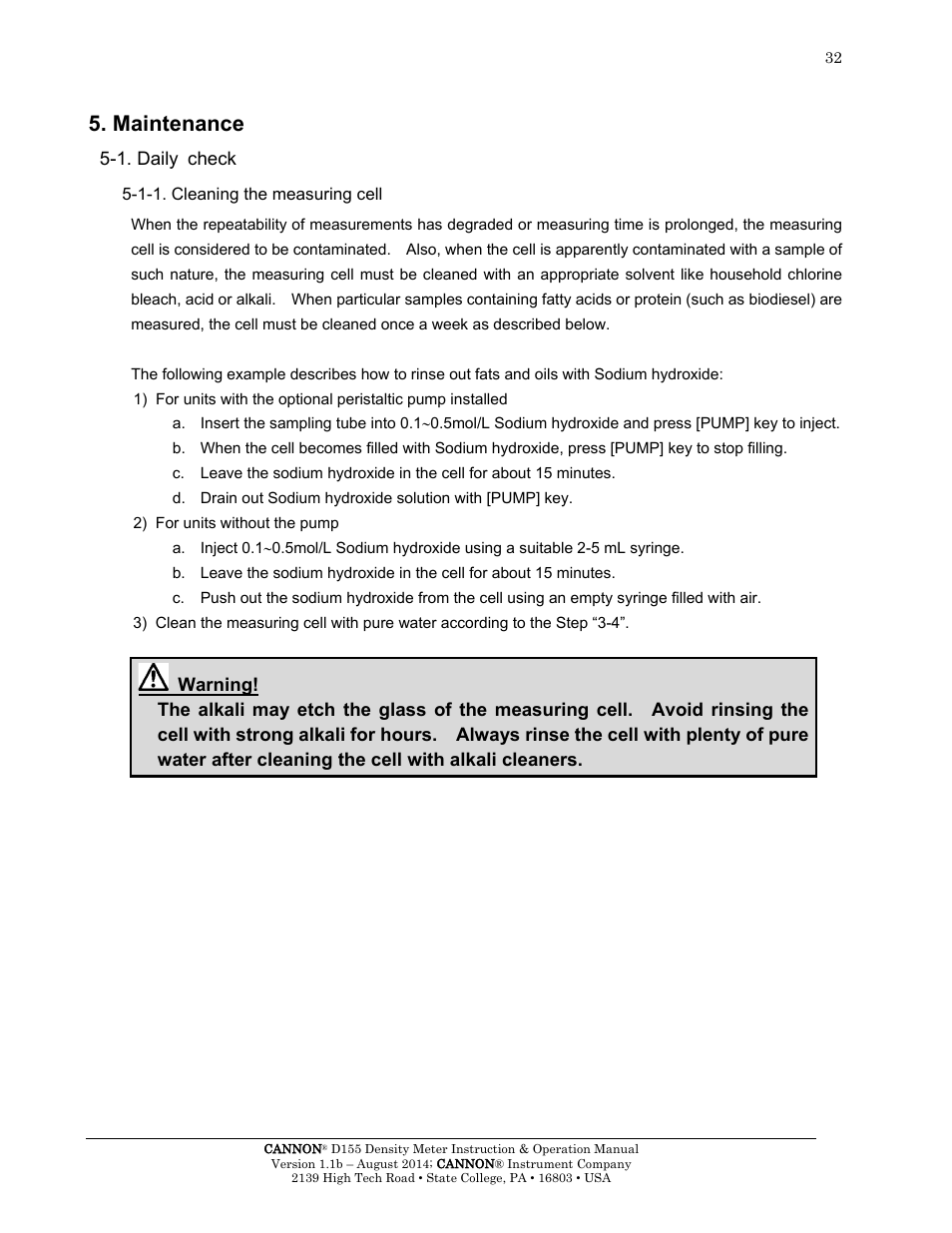 Maintenance, 1. daily check, 1-1. cleaning the measuring cell | Cannon Instrument D155 Density Meter User Manual | Page 35 / 51