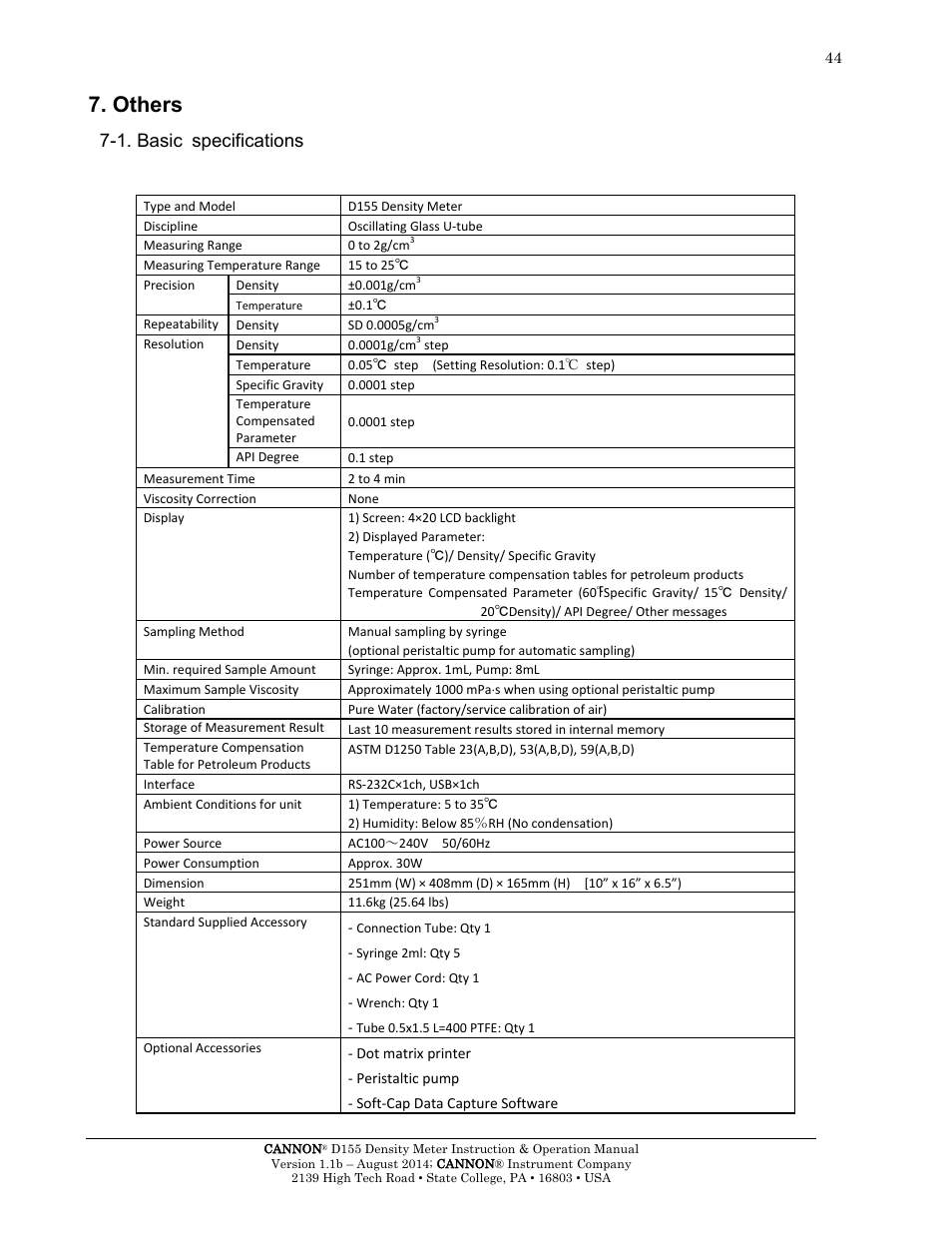 Others, 1. basic specifications | Cannon Instrument D155 Density Meter User Manual | Page 47 / 51
