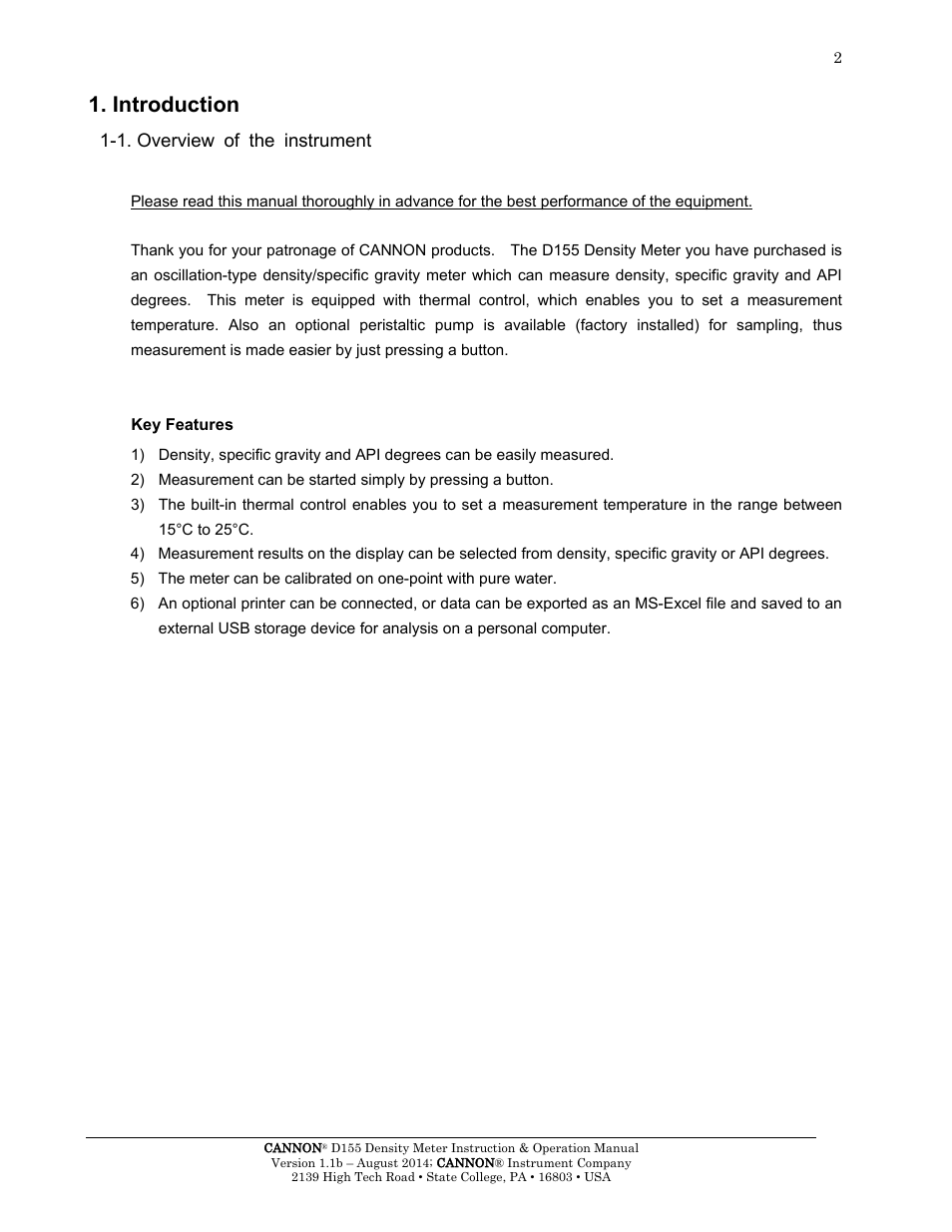 Introduction, 1. overview of the instrument | Cannon Instrument D155 Density Meter User Manual | Page 5 / 51