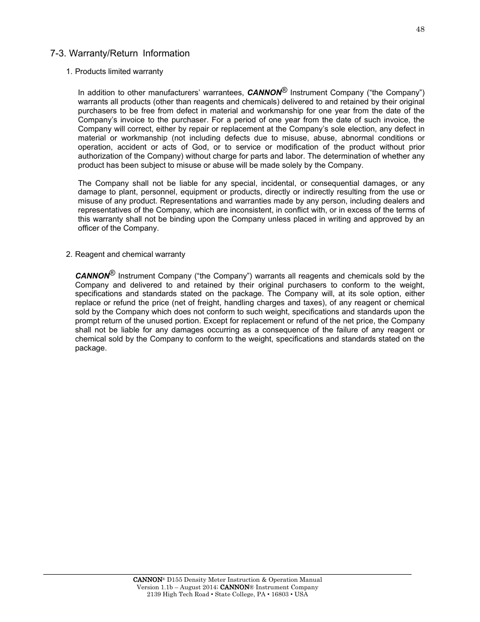 3. warranty/return information | Cannon Instrument D155 Density Meter User Manual | Page 51 / 51