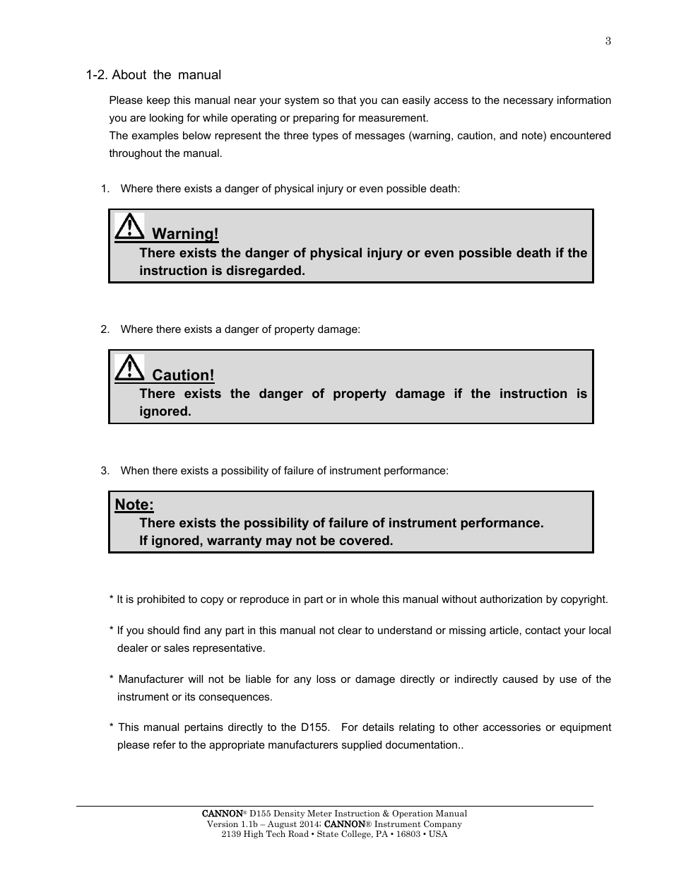 2. about the manual, Warning, Caution | Cannon Instrument D155 Density Meter User Manual | Page 6 / 51