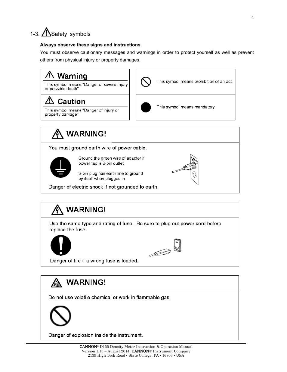 3. safety symbols, Safety symbols | Cannon Instrument D155 Density Meter User Manual | Page 7 / 51