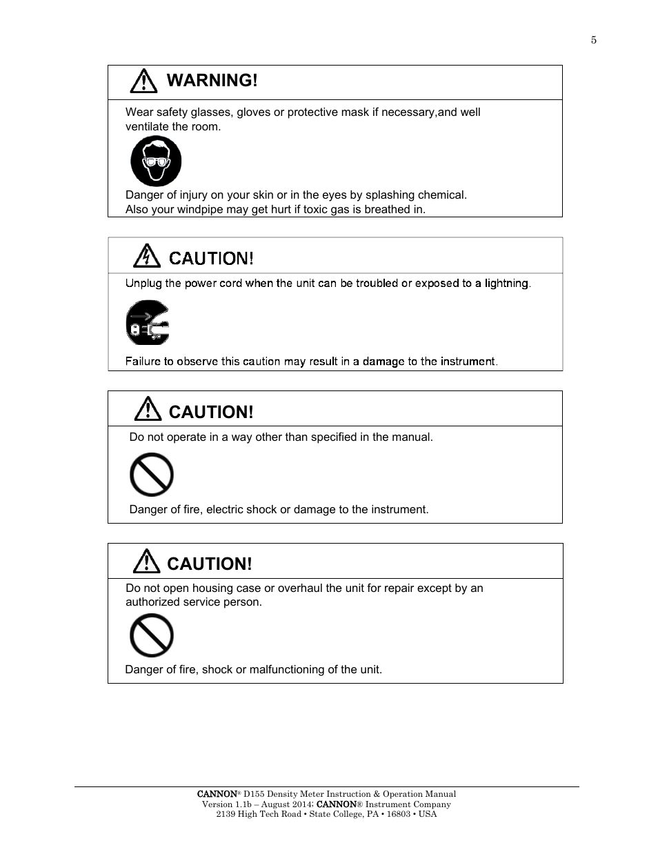 Warning, Caution | Cannon Instrument D155 Density Meter User Manual | Page 8 / 51