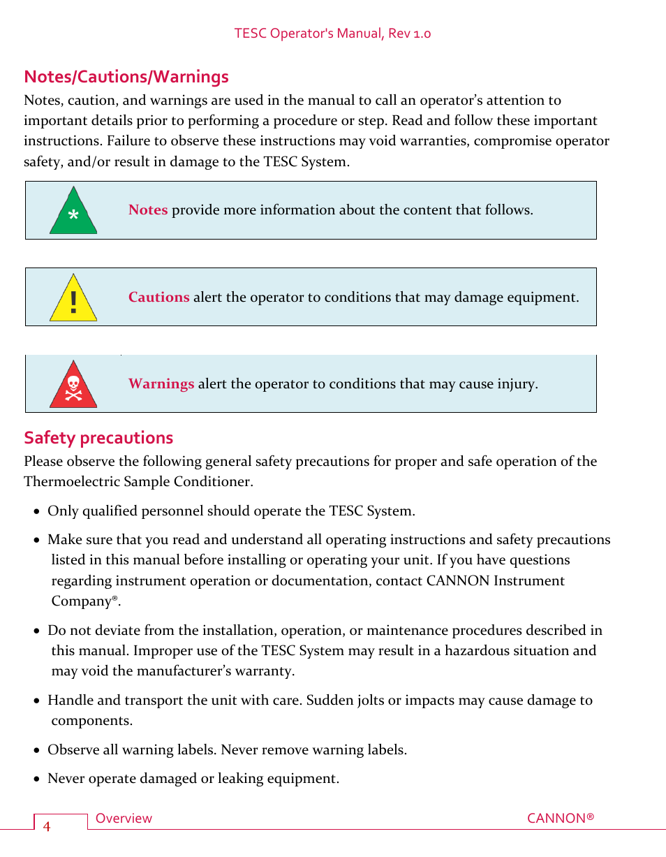 Notes/cautions/warnings, Safety precautions | Cannon Instrument TESC User Manual | Page 10 / 38