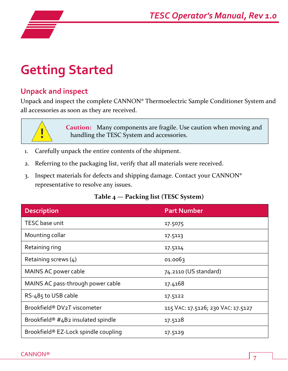 Getting started, Unpack and inspect, Table 4 — packing list (tesc system) | Tesc operator's manual, rev 1.0 | Cannon Instrument TESC User Manual | Page 13 / 38