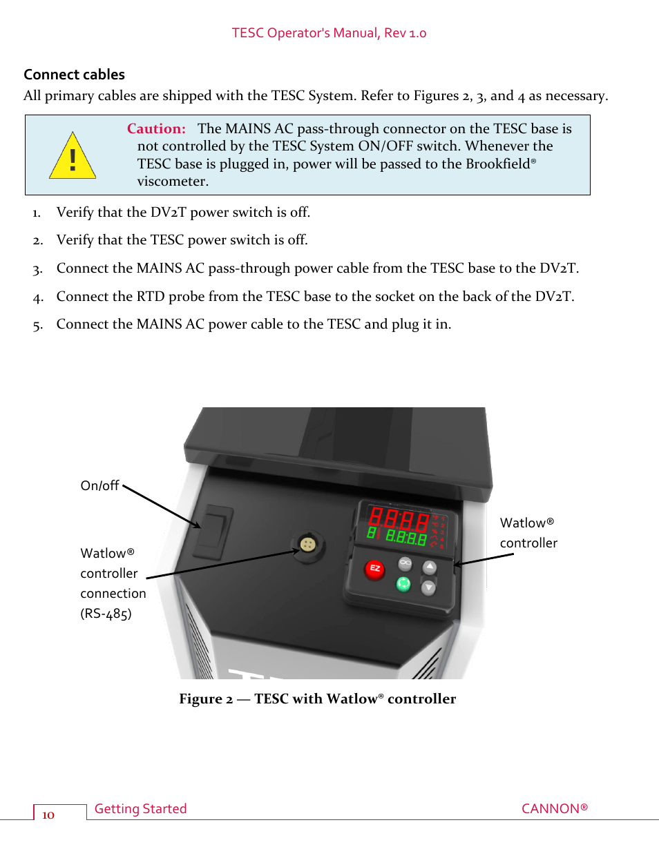 Connect cables, Figure 2 — tesc with watlow® controller | Cannon Instrument TESC User Manual | Page 16 / 38