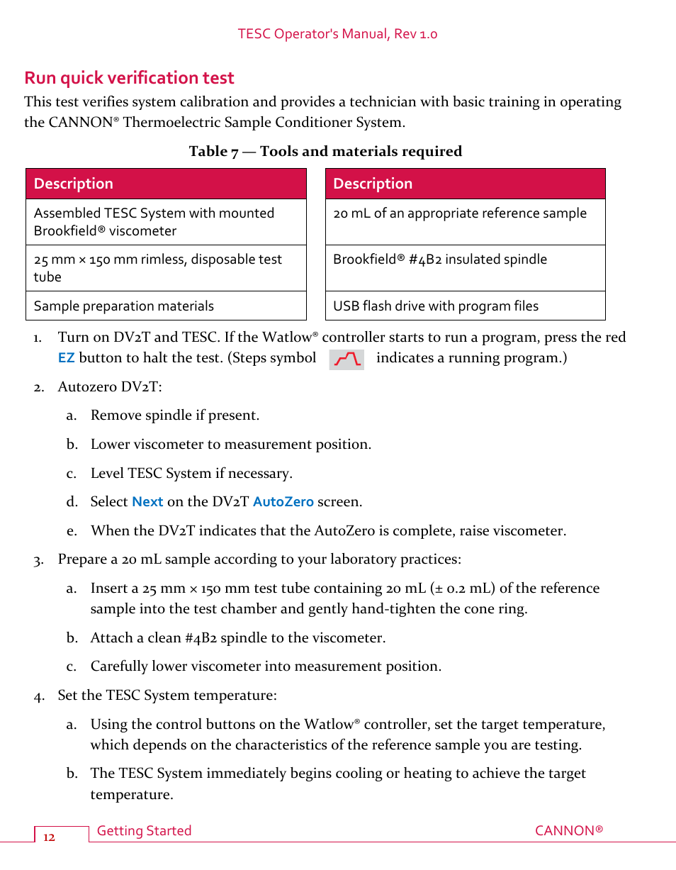 Run quick verification test, Table 7 — tools and materials required | Cannon Instrument TESC User Manual | Page 18 / 38