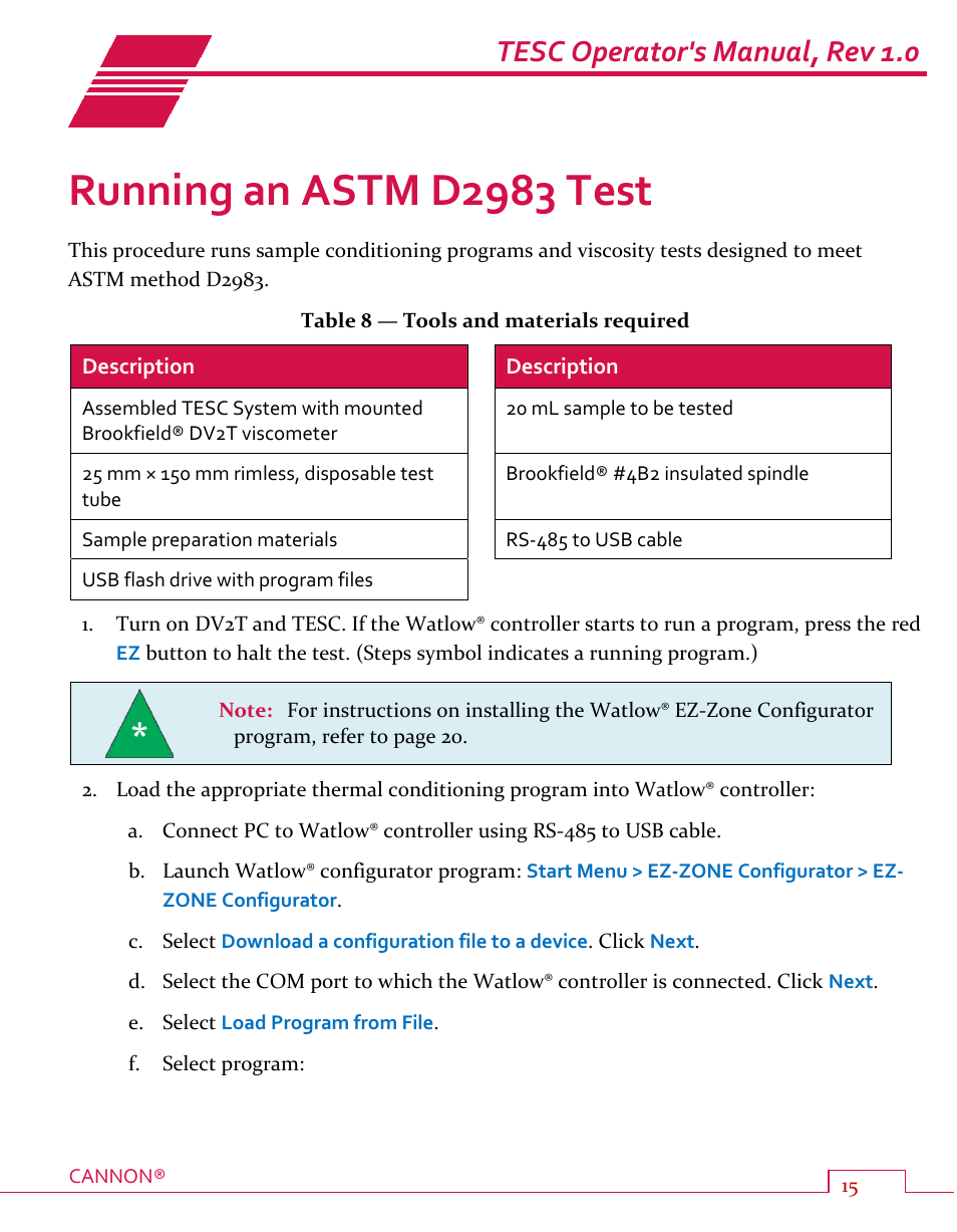 Running an astm d2983 test, Table 8 — tools and materials required, Tesc operator's manual, rev 1.0 | Cannon Instrument TESC User Manual | Page 21 / 38