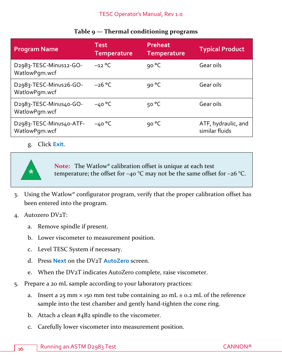 Table 9 — thermal conditioning programs | Cannon Instrument TESC User Manual | Page 22 / 38