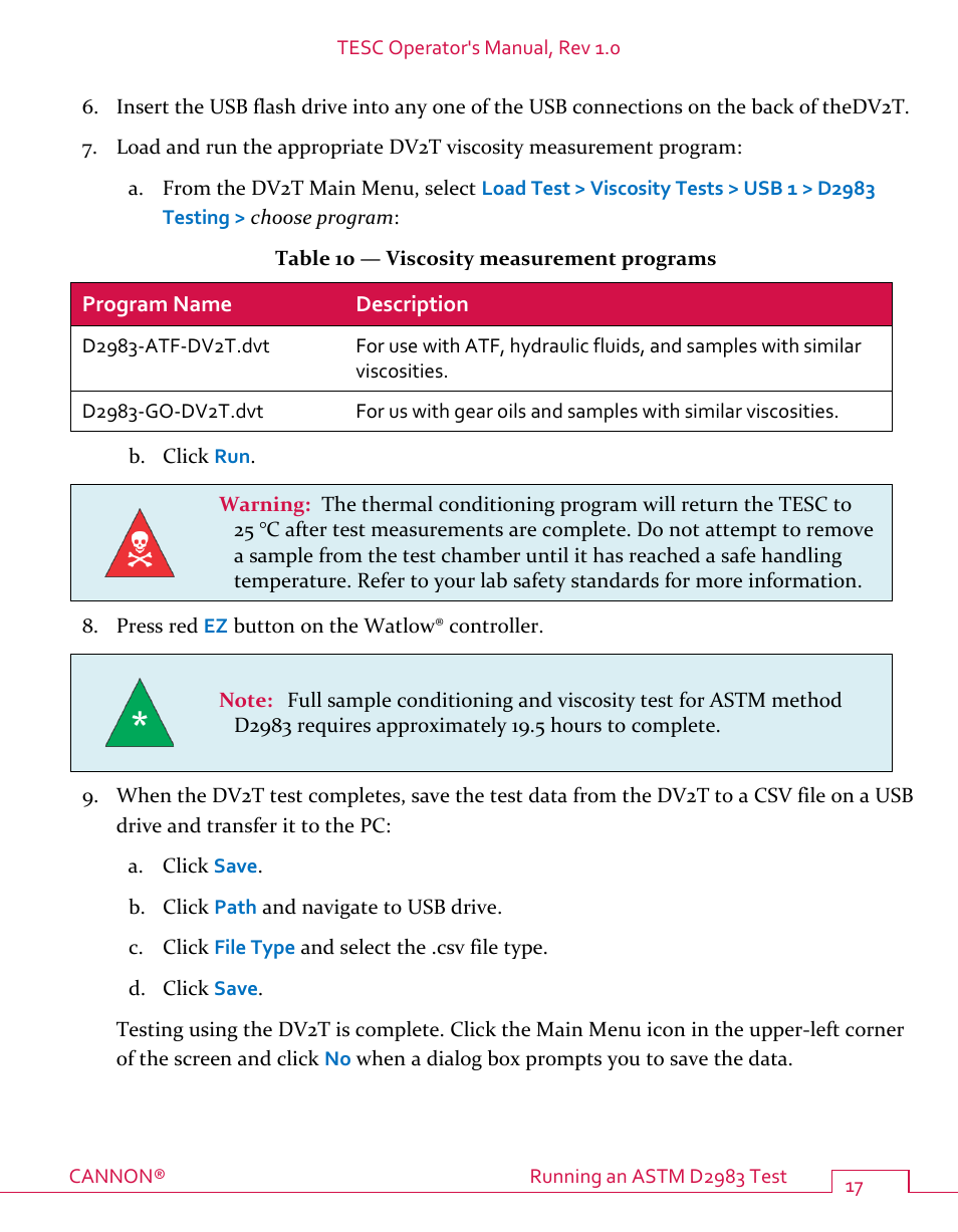 Table 10 — viscosity measurement programs | Cannon Instrument TESC User Manual | Page 23 / 38