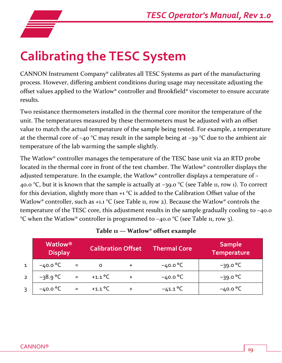 Calibrating the tesc system, Table 11 — watlow® offset example, Tesc operator's manual, rev 1.0 | Cannon Instrument TESC User Manual | Page 25 / 38