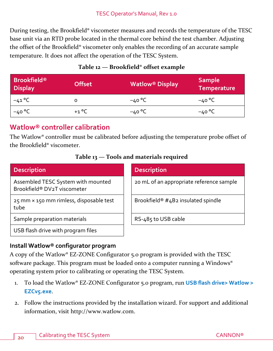 Watlow® controller calibration, Install watlow® configurator program, Table 12 — brookfield® offset example | Table 13 — tools and materials required | Cannon Instrument TESC User Manual | Page 26 / 38
