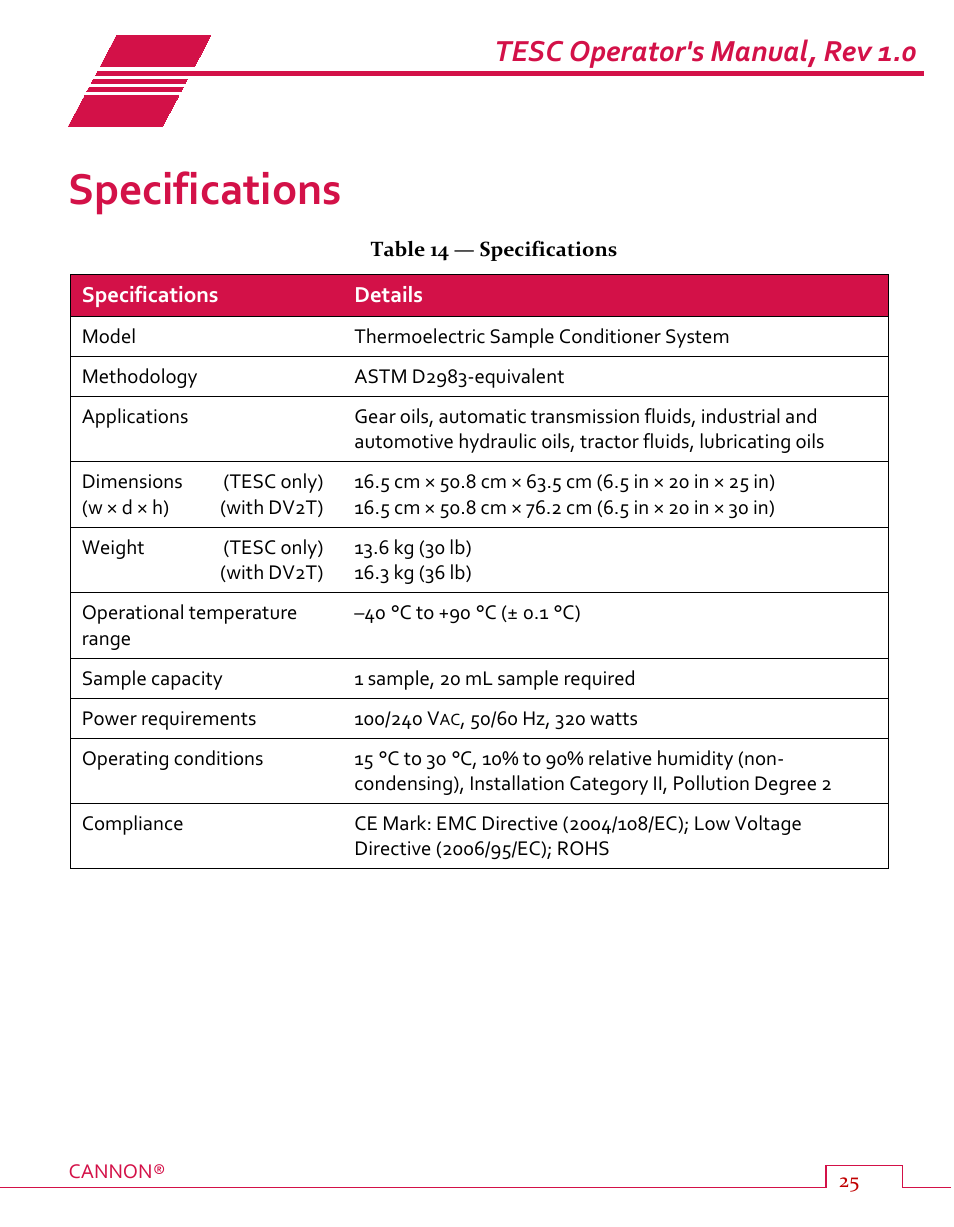 Specifications, Table 14 — specifications, Tesc operator's manual, rev 1.0 | Cannon Instrument TESC User Manual | Page 31 / 38