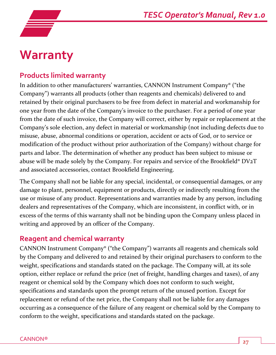 Warranty, Products limited warranty, Reagent and chemical warranty | Tesc operator's manual, rev 1.0 | Cannon Instrument TESC User Manual | Page 33 / 38