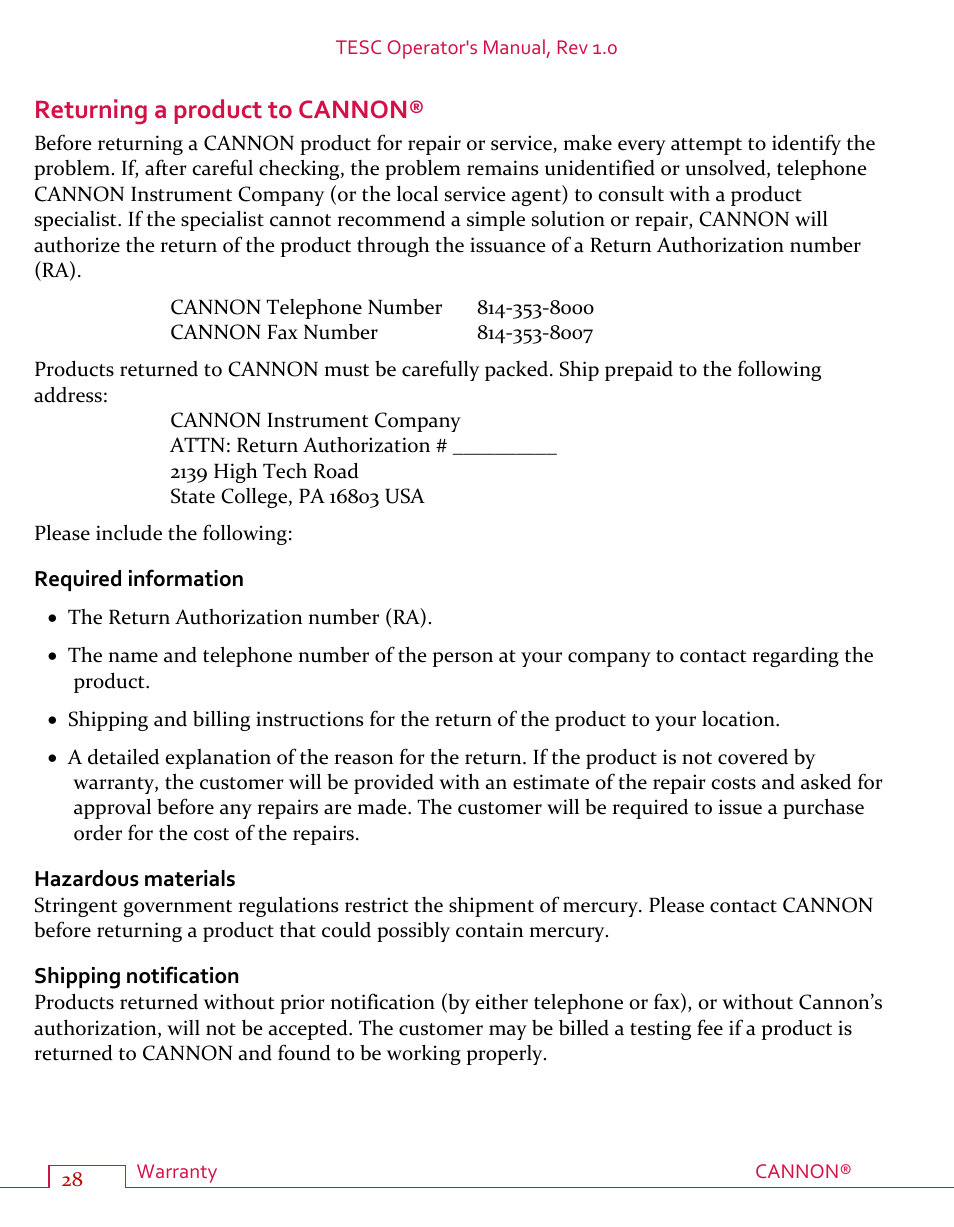 Returning a product to cannon, Required information, Hazardous materials | Shipping notification | Cannon Instrument TESC User Manual | Page 34 / 38