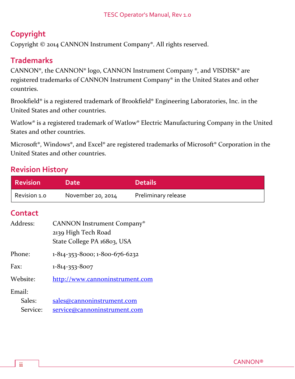 Copyright, Trademarks, Revision history | Contact | Cannon Instrument TESC User Manual | Page 4 / 38