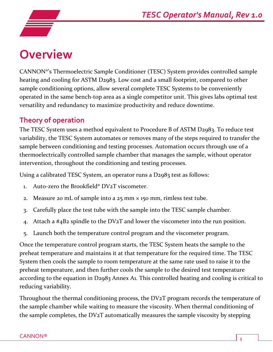 Overview, Theory of operation, Tesc operator's manual, rev 1.0 | Cannon Instrument TESC User Manual | Page 7 / 38
