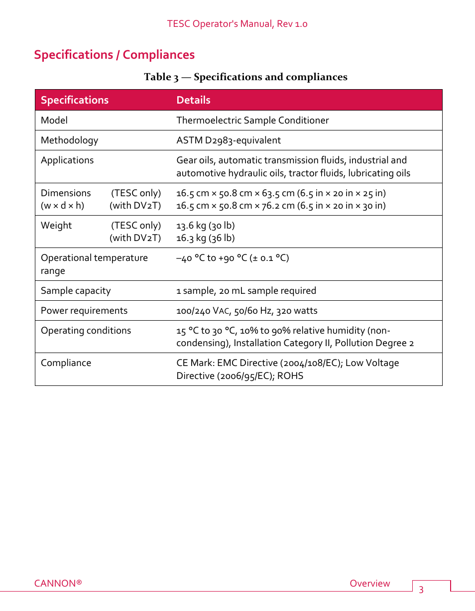 Specifications / compliances, Table 3 — specifications and compliances | Cannon Instrument TESC User Manual | Page 9 / 38