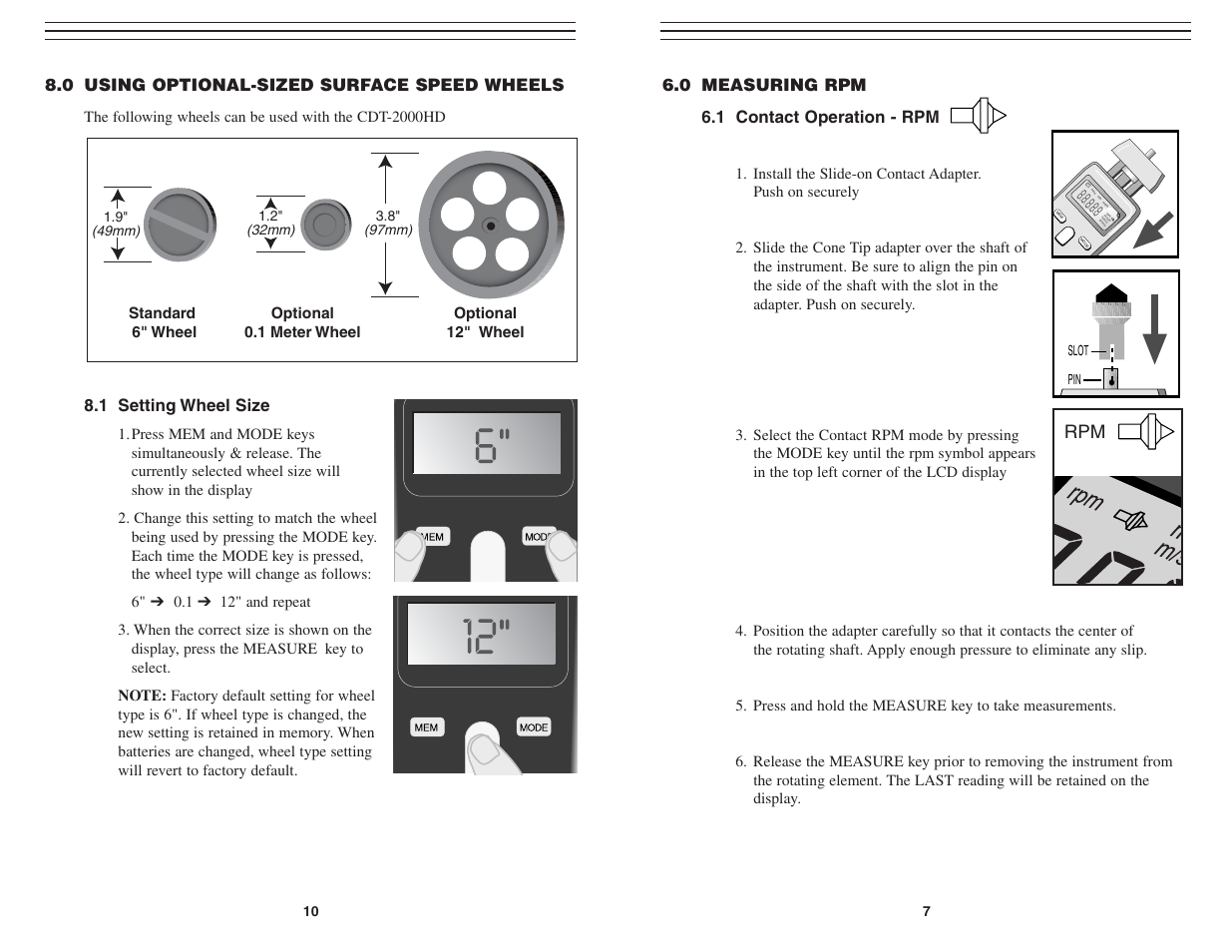 0 measuring rpm 6.1 contact operation - rpm, 0 using optional-sized surface speed wheels, 1 setting wheel size | Checkline CDT-2000HD User Manual | Page 7 / 9