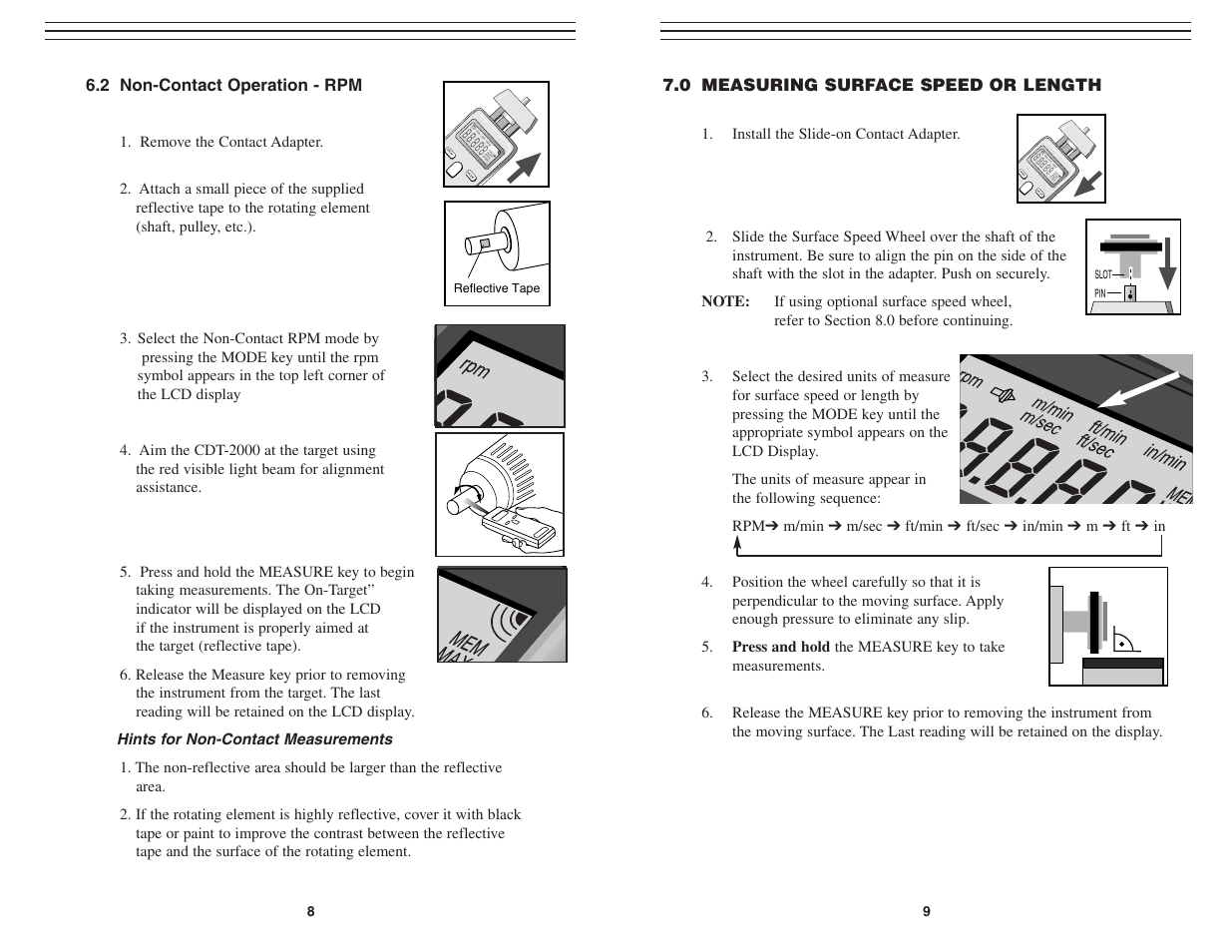 Max m in m em rp m m /m in ft/m in in /m in, 0 measuring surface speed or length, 2 non-contact operation - rpm | Checkline CDT-2000HD User Manual | Page 8 / 9