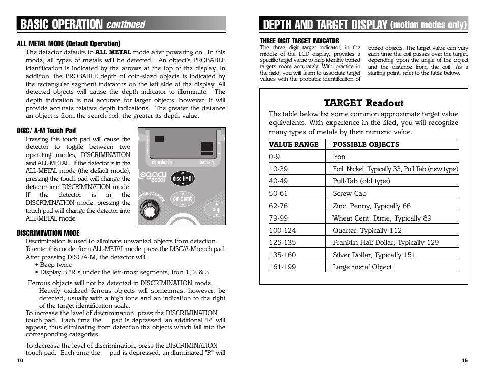 Depth and target display, Basic operation, Continued | Motion modes only), Target readout | Bounty Hunter LEGACY 3300 User Manual | Page 10 / 24