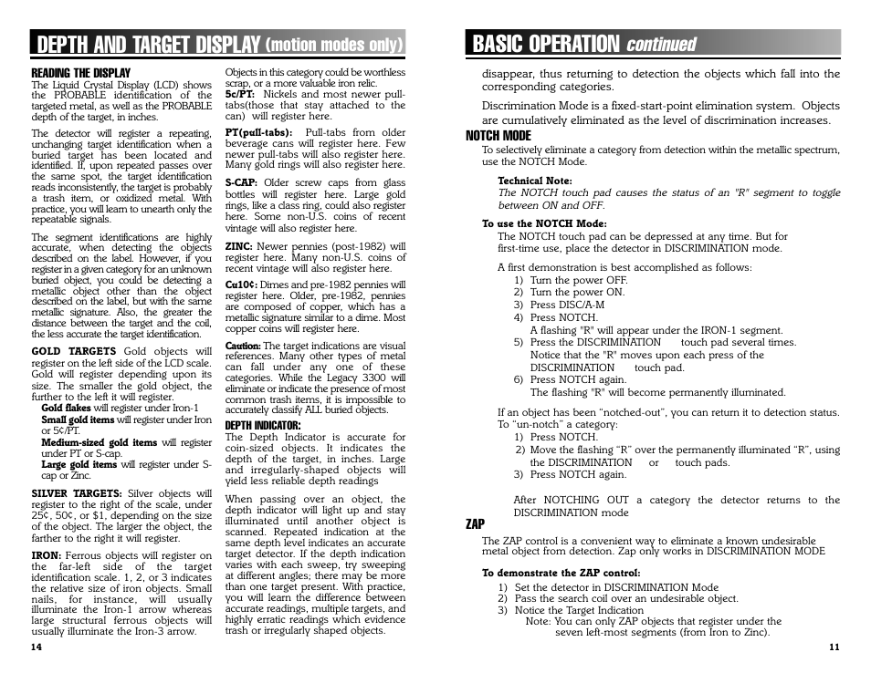 Basic operation, Depth and target display, Continued | Motion modes only) | Bounty Hunter LEGACY 3300 User Manual | Page 11 / 24