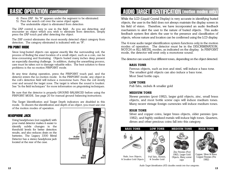 Audio target identification, Basic operation, Continued | Motion modes only) | Bounty Hunter LEGACY 3300 User Manual | Page 13 / 24