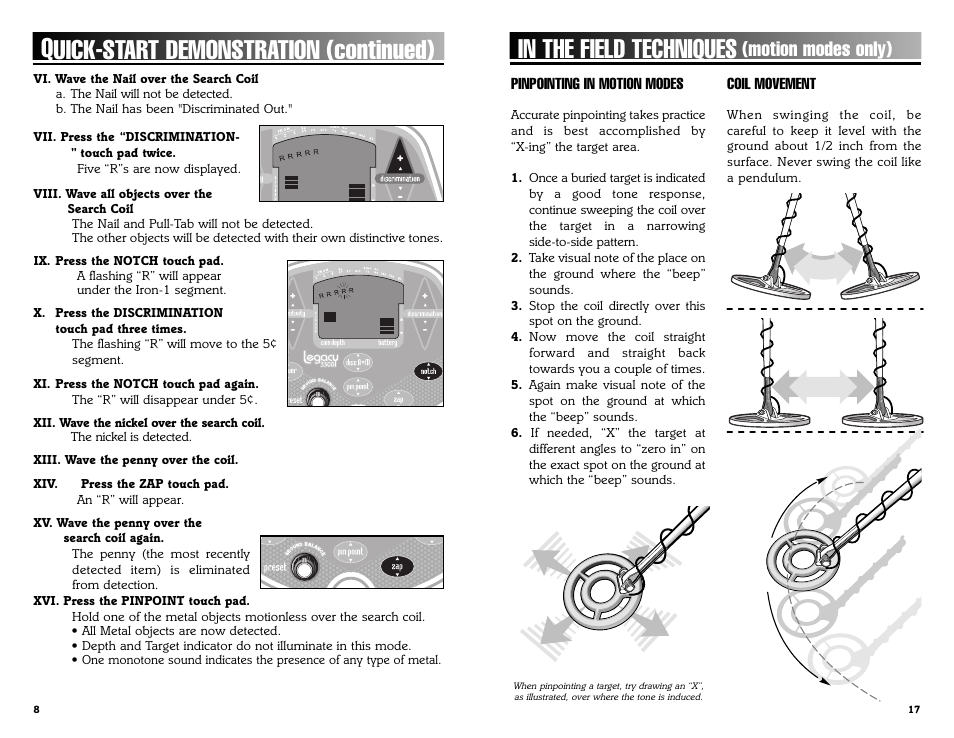 Quick-start demonstration (continued), Motion modes only) | Bounty Hunter LEGACY 3300 User Manual | Page 17 / 24