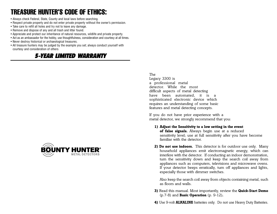 Treasure hunter’s code of ethics, Year limited warranty | Bounty Hunter LEGACY 3300 User Manual | Page 24 / 24