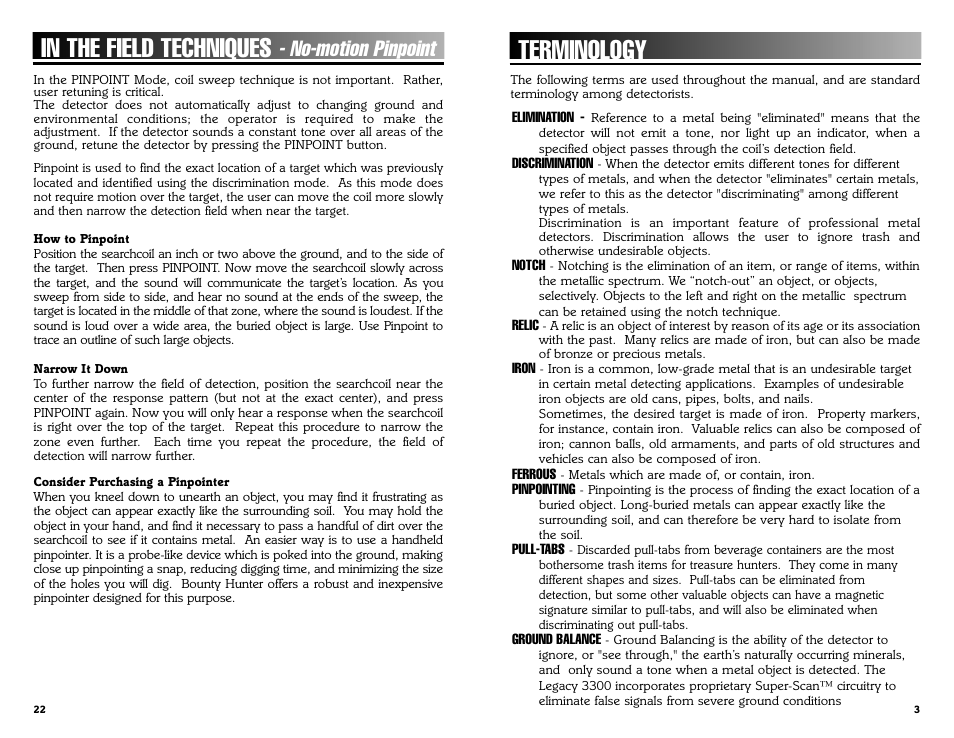 Terminology, No-motion pinpoint | Bounty Hunter LEGACY 3300 User Manual | Page 3 / 24