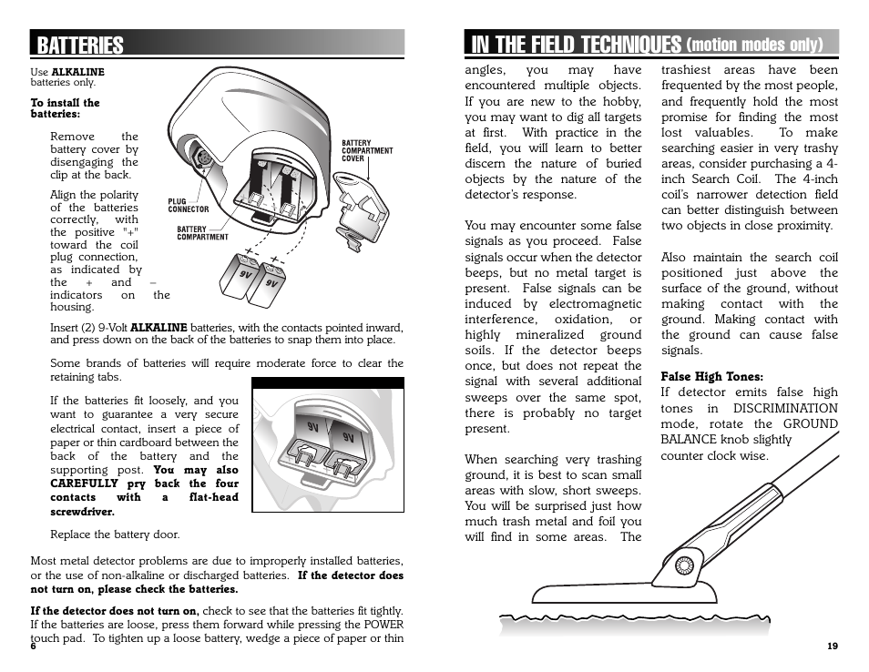 Batteries, Motion modes only) | Bounty Hunter LEGACY 3300 User Manual | Page 6 / 24