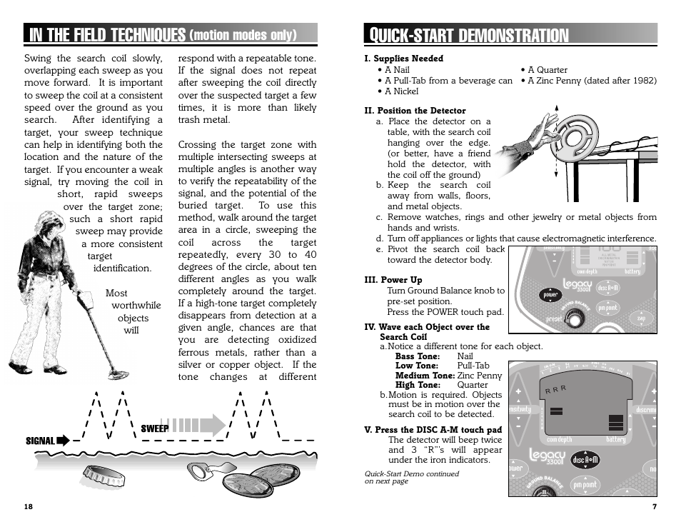 Quick-start demonstration, Motion modes only) | Bounty Hunter LEGACY 3300 User Manual | Page 7 / 24