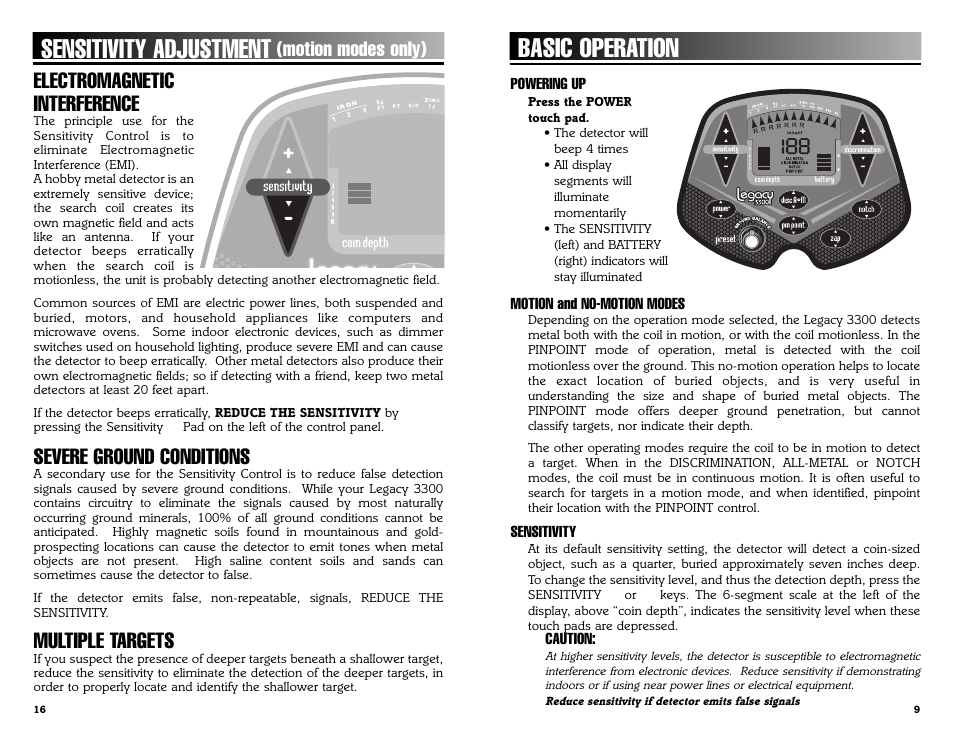 Basic operation, Sensitivity adjustment, Electromagnetic interference | Severe ground conditions, Multiple targets, Motion modes only) | Bounty Hunter LEGACY 3300 User Manual | Page 9 / 24