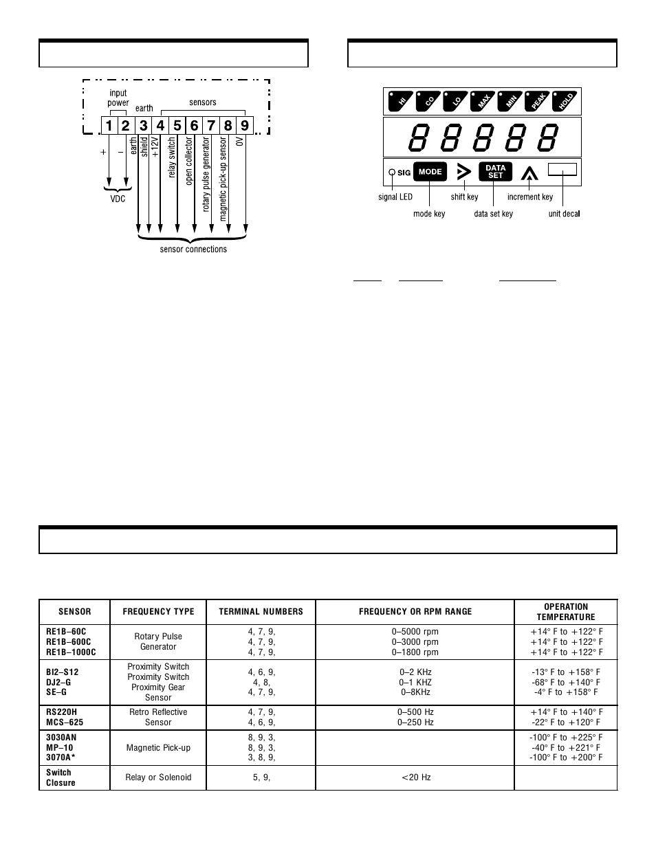 Connections sensors, Mode selections | Checkline DT-5TG User Manual | Page 3 / 8