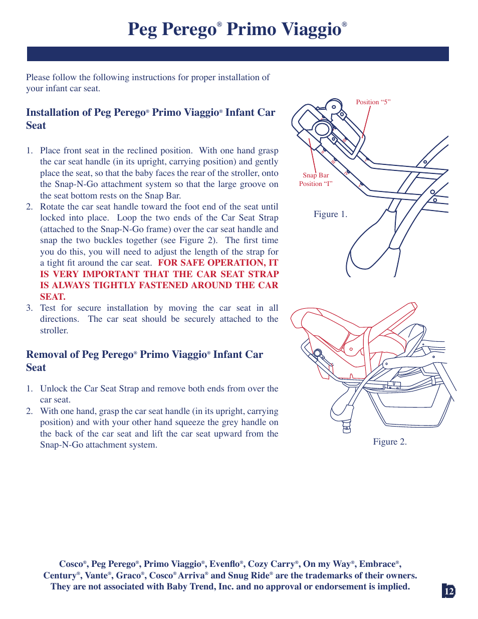 Peg perego, Primo viaggio, Installation of peg perego | Infant car seat, Removal of peg perego | Baby Trend 7311 User Manual | Page 12 / 19