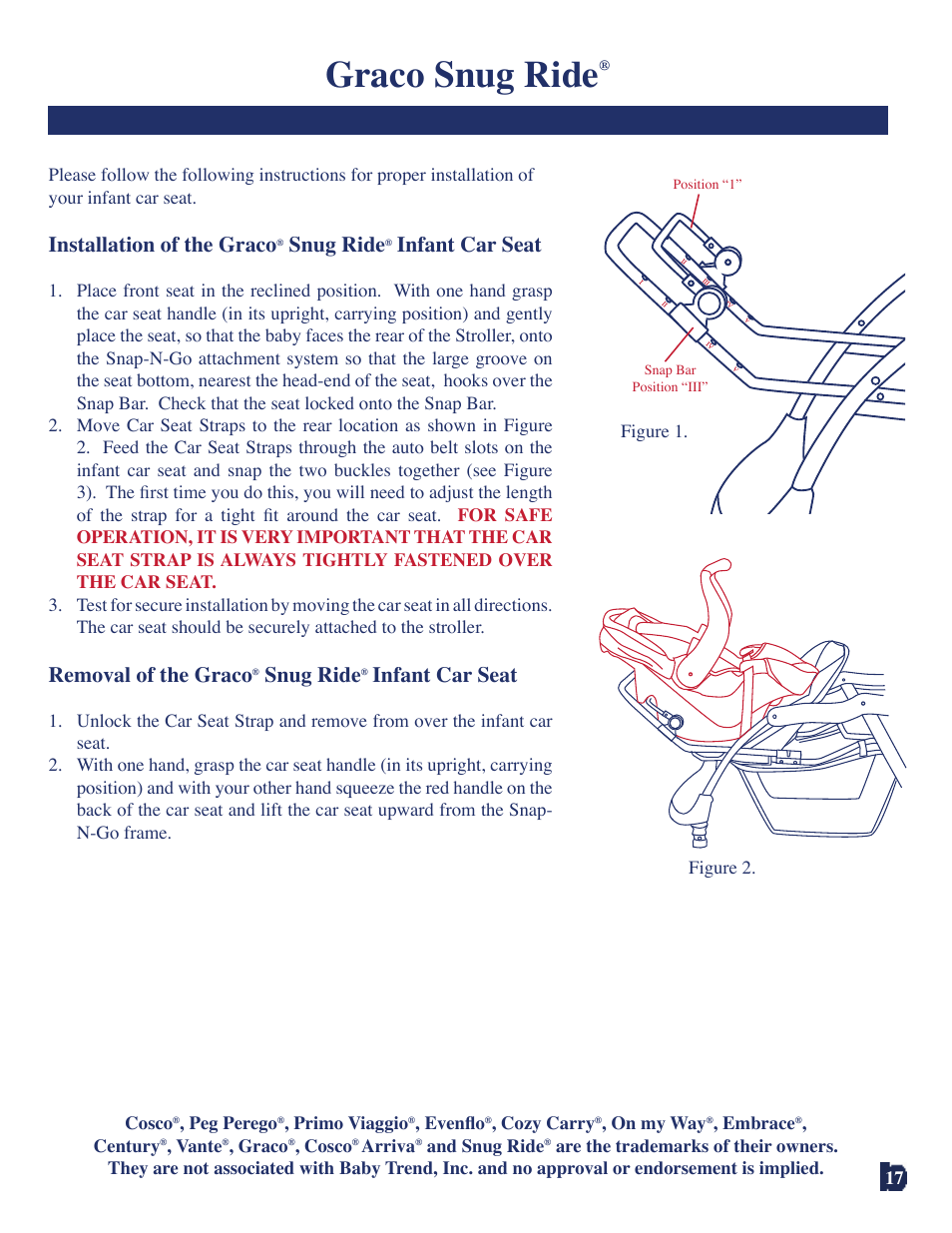 Graco snug ride, Installation of the graco, Snug ride | Infant car seat, Removal of the graco | Baby Trend 7311 User Manual | Page 17 / 19