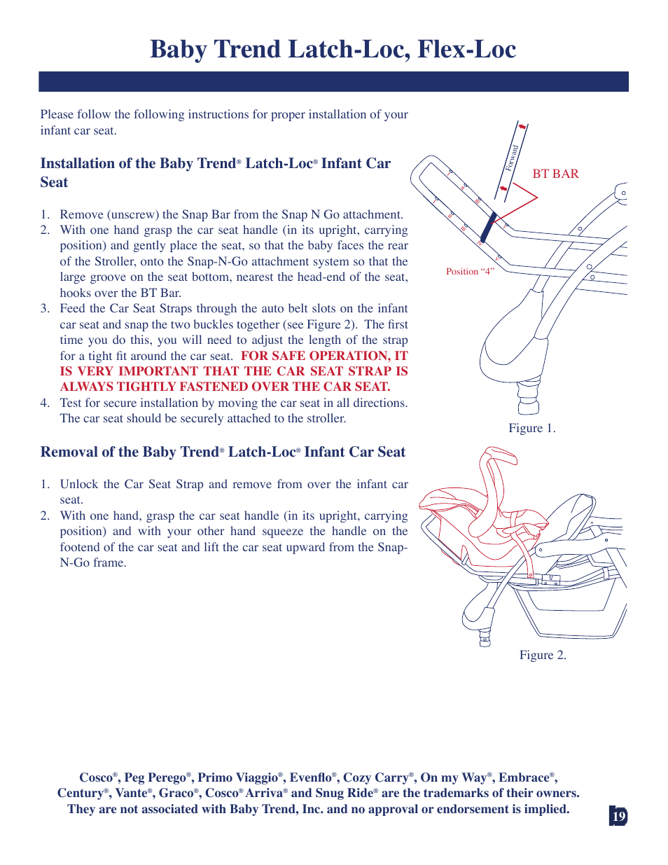 Baby trend latch-loc, flex-loc, Installation of the baby trend, Latch-loc | Infant car seat, Removal of the baby trend | Baby Trend 7311 User Manual | Page 19 / 19