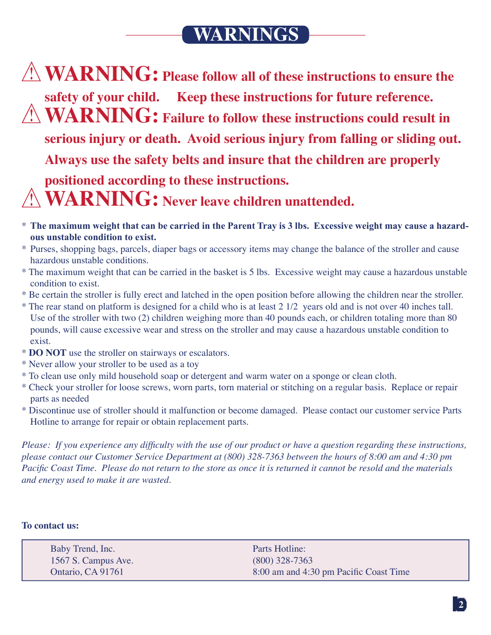 Warning, Warnings, Never leave children unattended | Baby Trend 7311 User Manual | Page 2 / 19